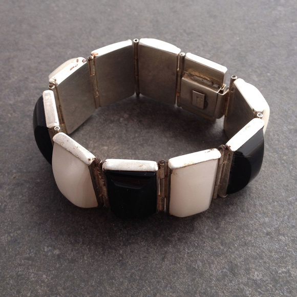 Vintage 40's Sterling & Oynx Panel Bracelet - Picture 1 of 5